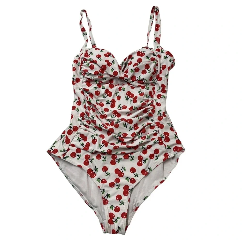 Womens Swimsuit‎ White Red Cherry Print One Piece Size L Ruched Whimsical Beach